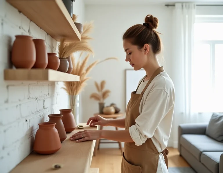 Femme aménageant une étagère en bois avec des vases en céramique et de l'herbe de pampa dans un salon scandinave minimaliste