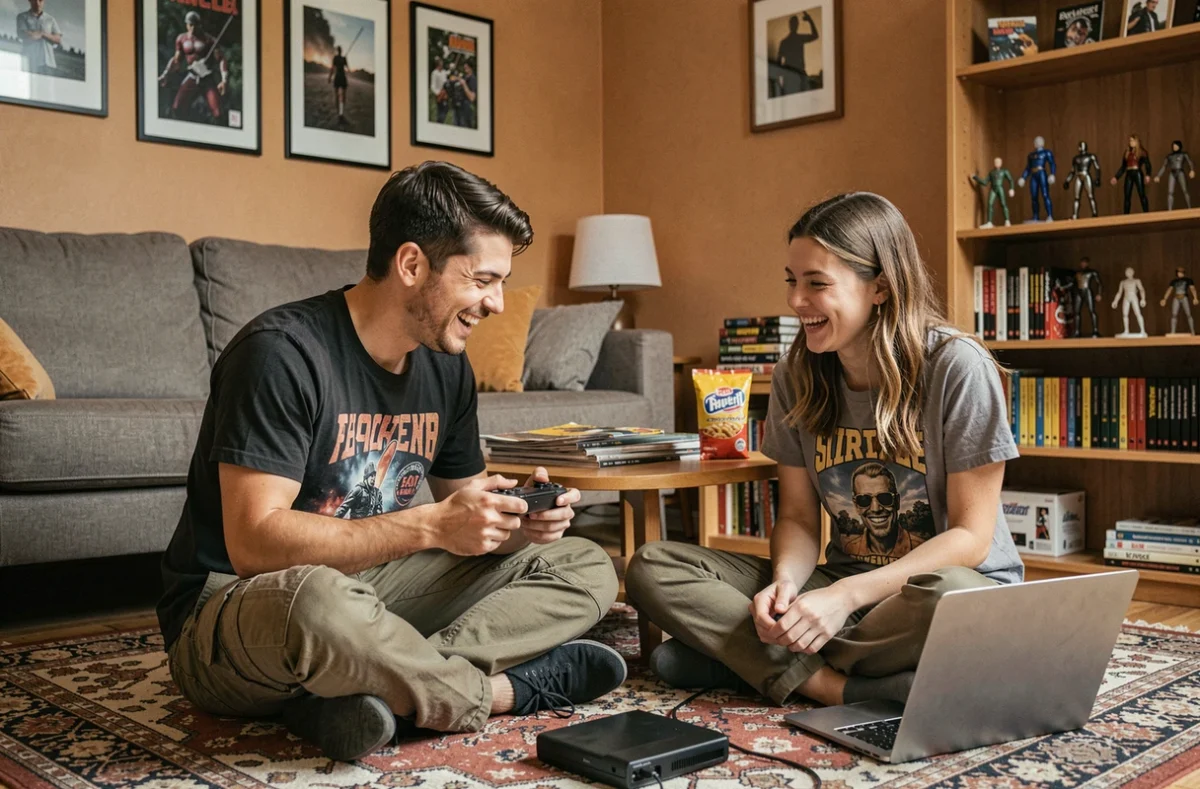 Deux amis geeks jouant sur une console portable et un ordinateur pliable dans un salon décoré d'objets de culture geek et high-tech