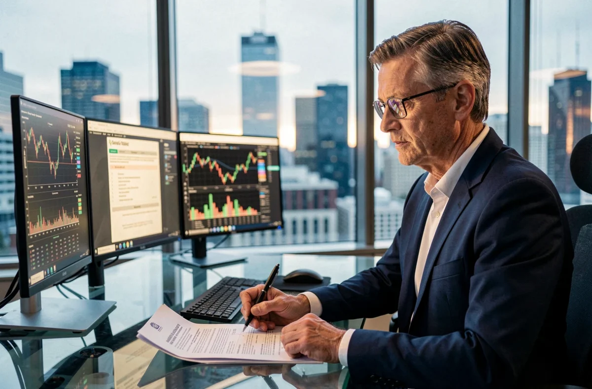 Analyste financier canadien étudiant des graphiques de cryptomonnaies et des documents réglementaires sur plusieurs écrans dans un bureau moderne à Toronto