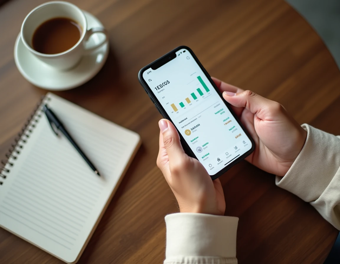 Mains tenant un smartphone affichant une application bancaire de gestion budgétaire dans un café minimaliste pour suivre ses dépenses et économies
