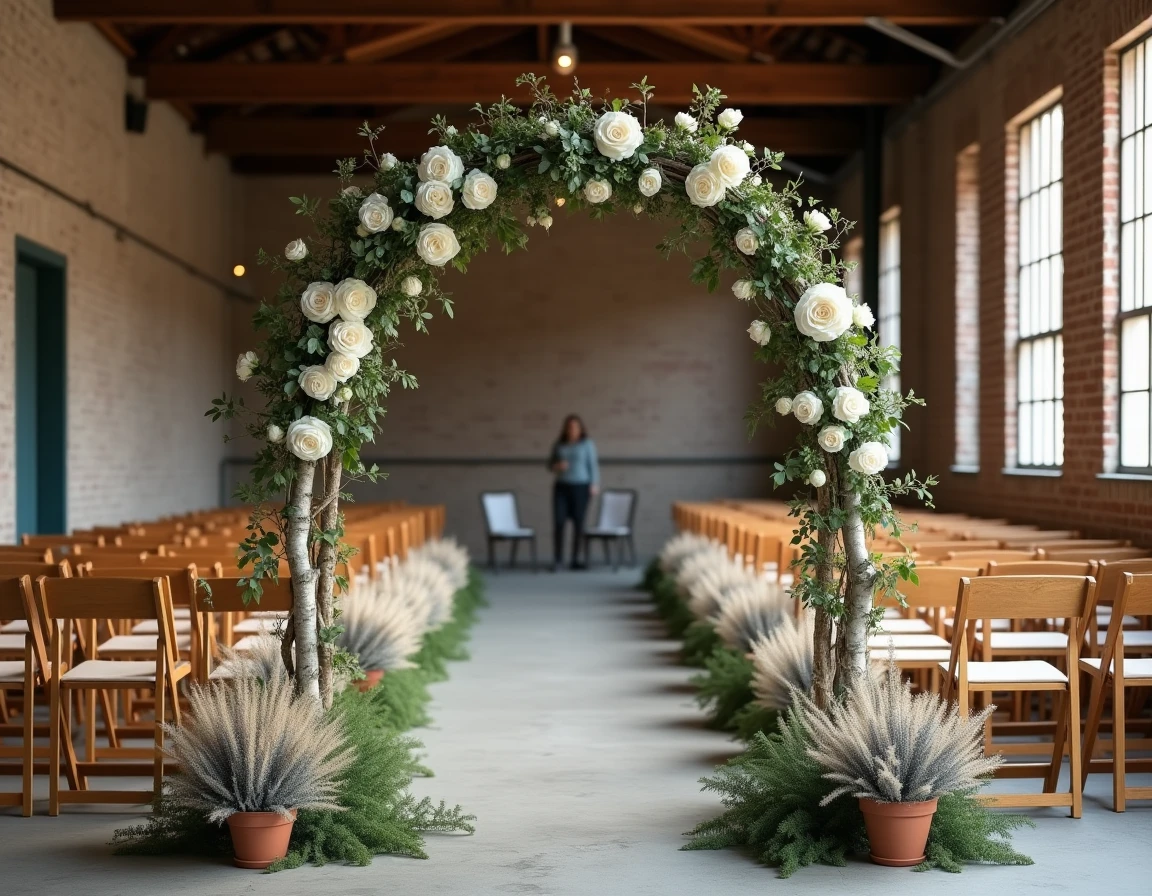 Arche de mariage rustique en branches de bouleau, roses blanches et herbes de pampa dans un entrepôt industriel décoré