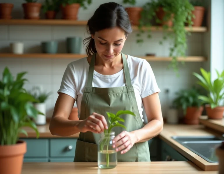 Femme réalisant une bouture dans un bocal en verre sur une table en bois dans une cuisine végétalisée