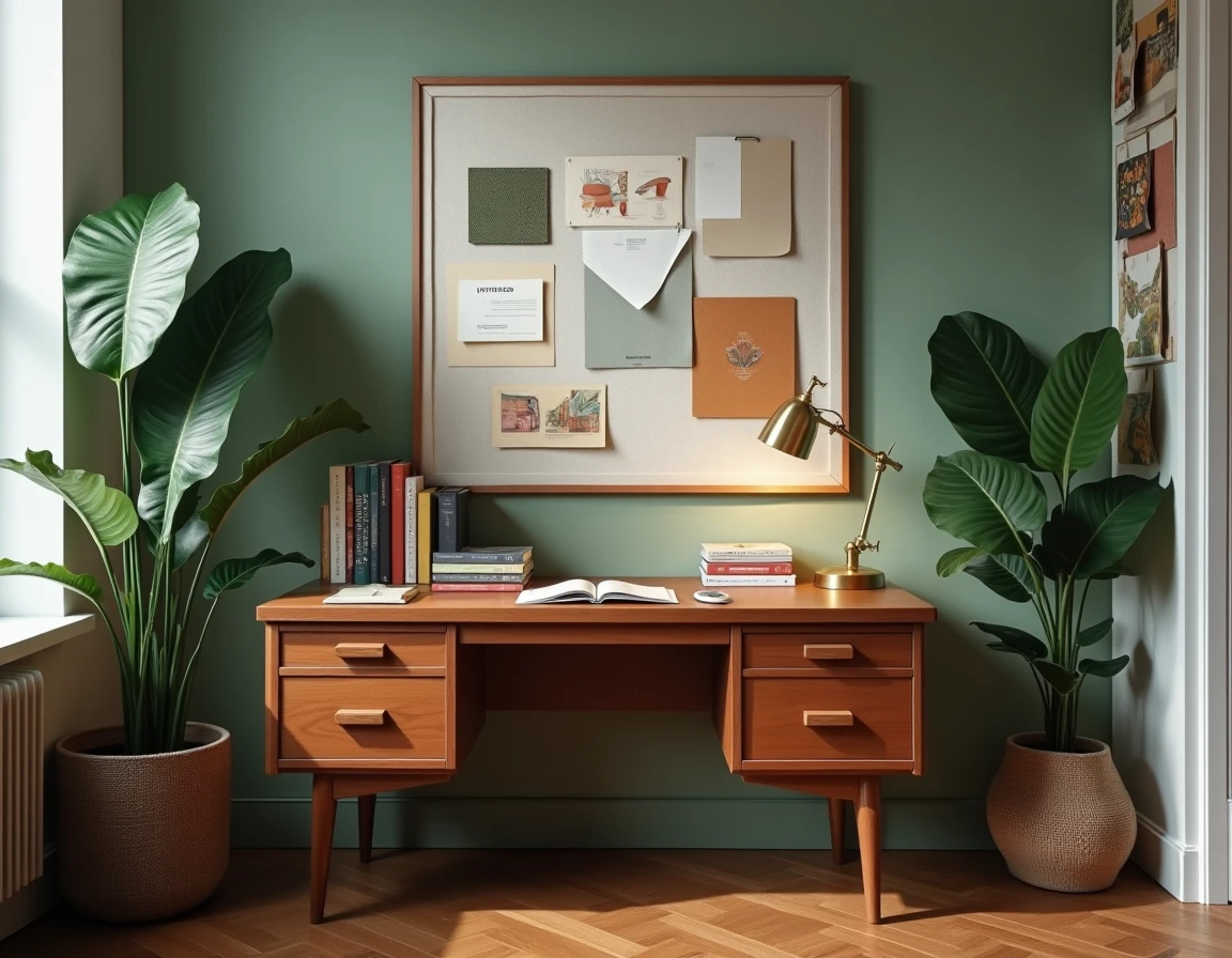 Bureau à domicile décoré avec style, plante monstera, livres de design et tableau d'inspiration sur mur vert sauge
