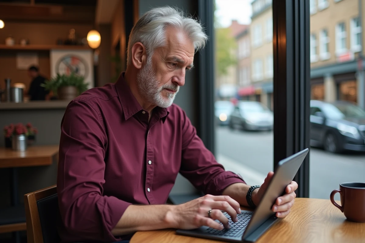 Personne en reconversion professionnelle remplissant une candidature en ligne sur une tablette dans un café urbain