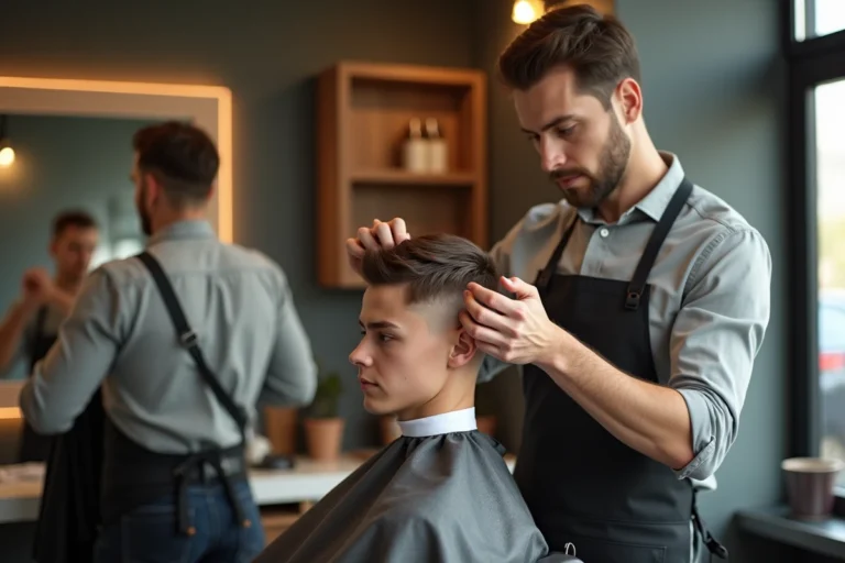 Jeune coiffeur homme créant un dégradé précis en salon