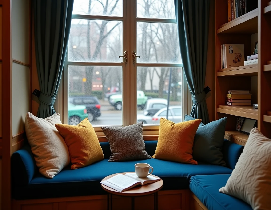 Coin lecture cosy aménagé dans une alcôve avec banquette en velours bleu marine, coussins colorés et bibliothèque intégrée