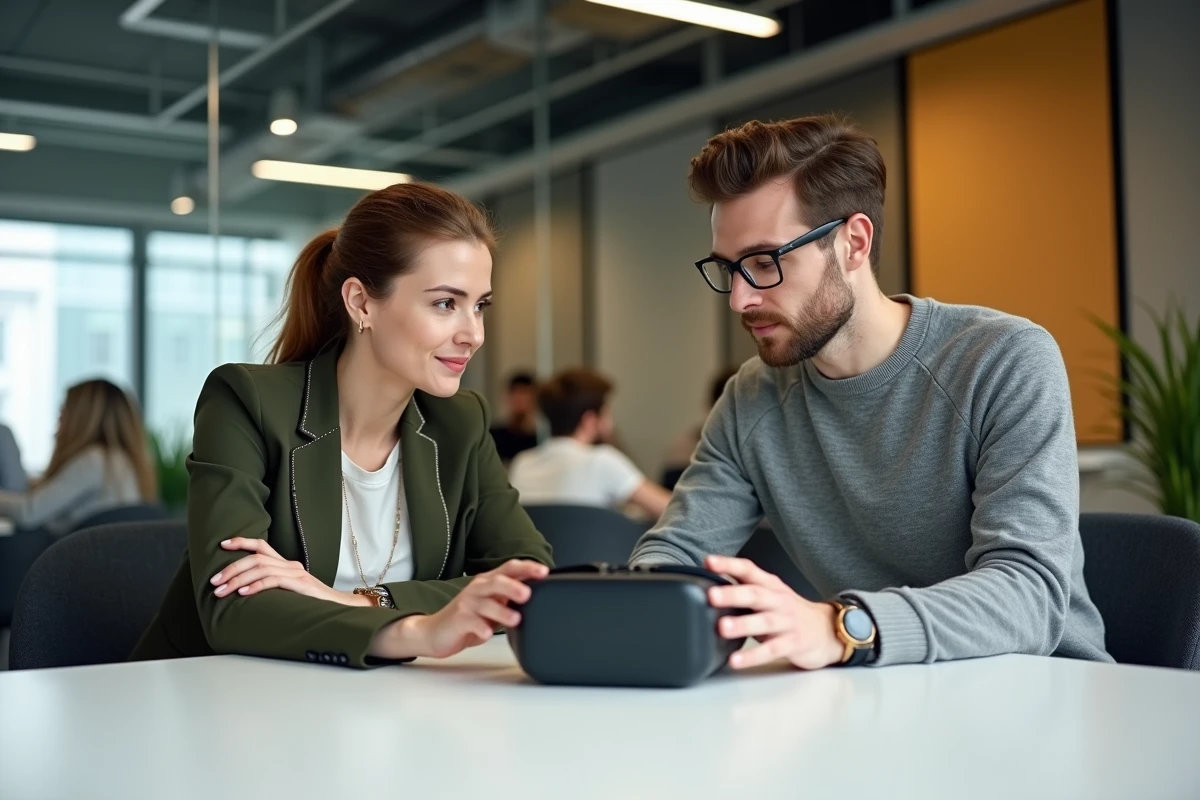 Deux professionnels collaborant autour d'un casque de réalité augmentée dans un espace de coworking moderne