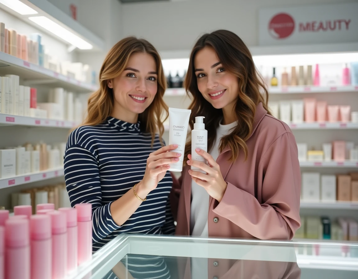 Deux femmes comparant les prix de produits cosmétiques en parfumerie, tenant des flacons de soin côte à côte