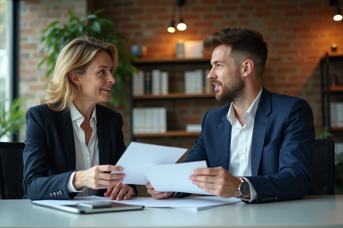Consultante et entrepreneur discutant à un bureau contemporain