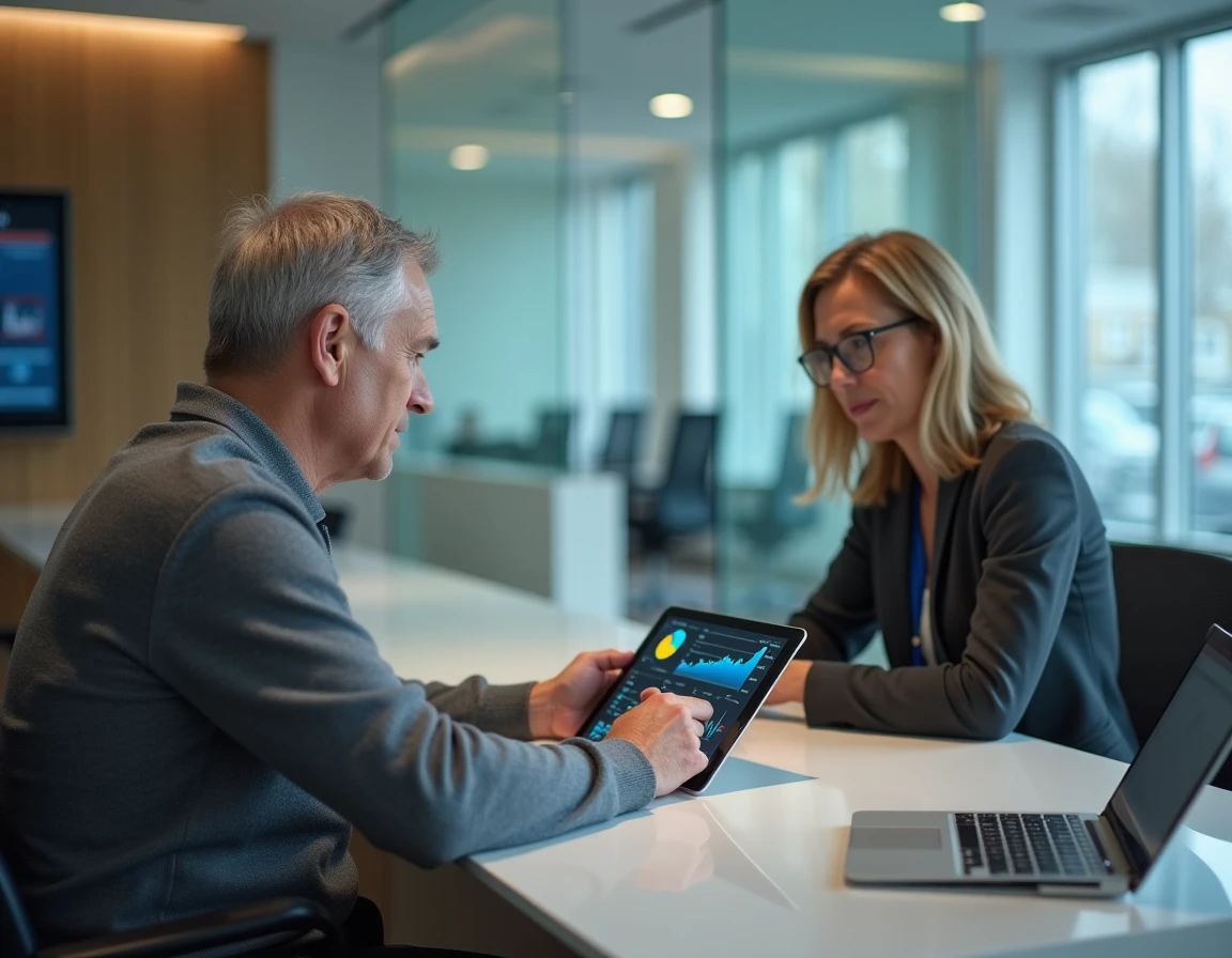 Homme consultant un conseiller bancaire en agence autour d'un tableau de bord financier sur tablette pour optimiser ses placements