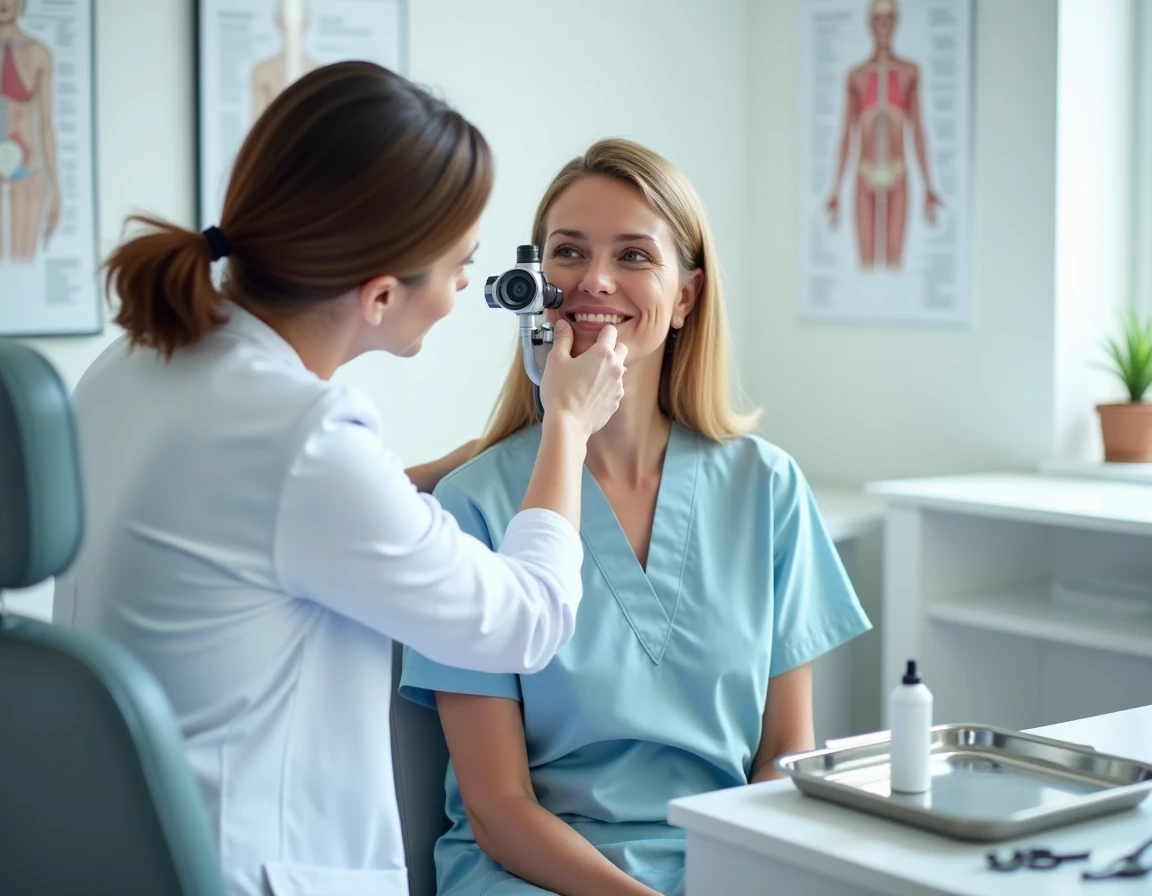 Consultation dermatologique pour un traitement au gel Ialuset acide hyaluronique, examen de la peau du visage par une dermatologue