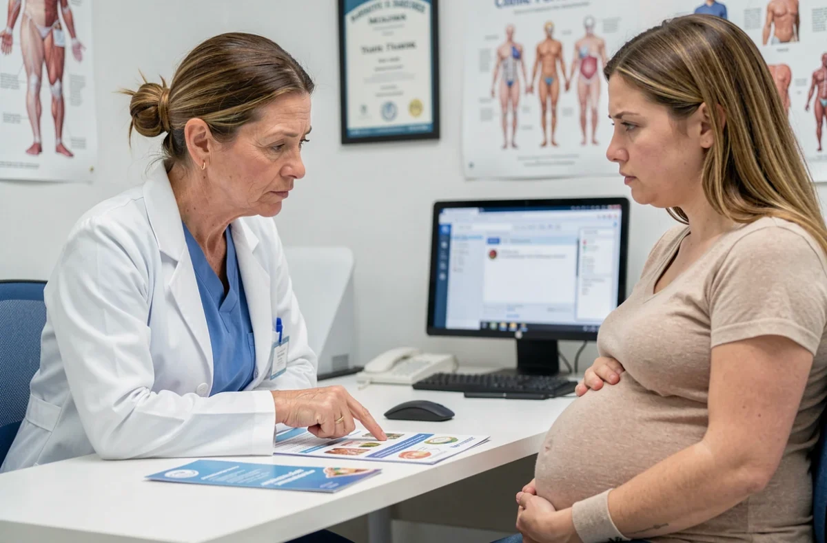 Gynécologue expliquant les risques du lait cru à une patiente enceinte lors d'une consultation médicale