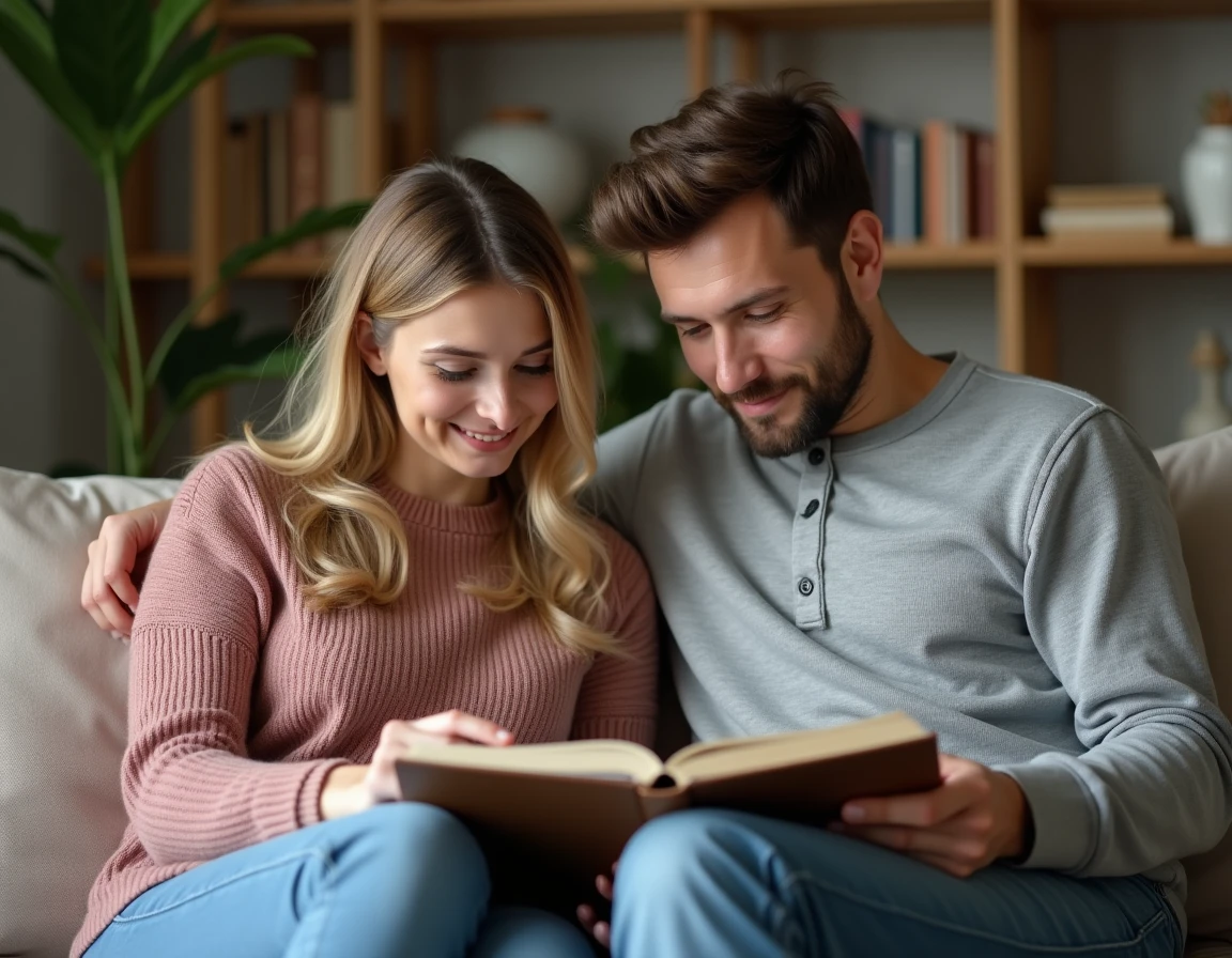 Couple regardant un album photo ensemble dans leur salon chaleureux et décoré avec soin