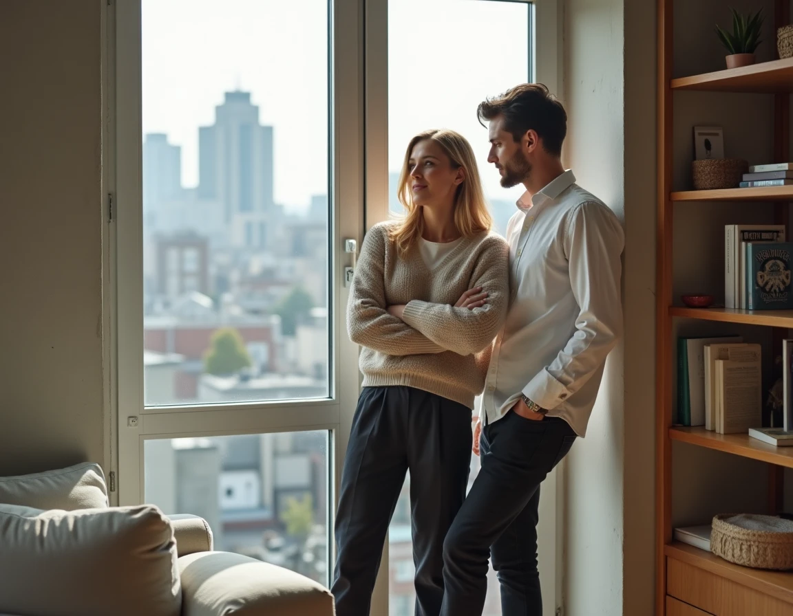 Couple détendu dans un appartement moderne avec vue sur les toits d'une ville, atmosphère intimiste et naturelle