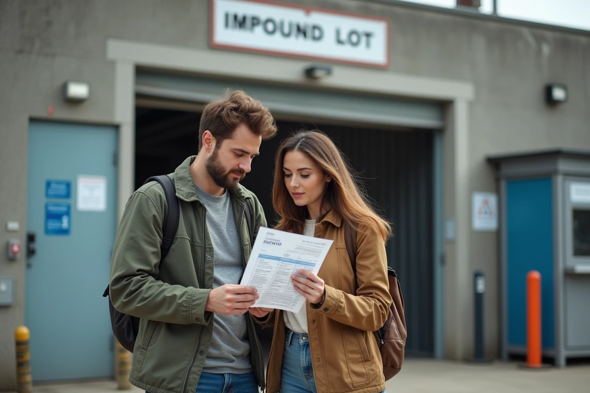 Couple examinant un document de paiement en plusieurs fois à l'entrée d'une fourrière municipale