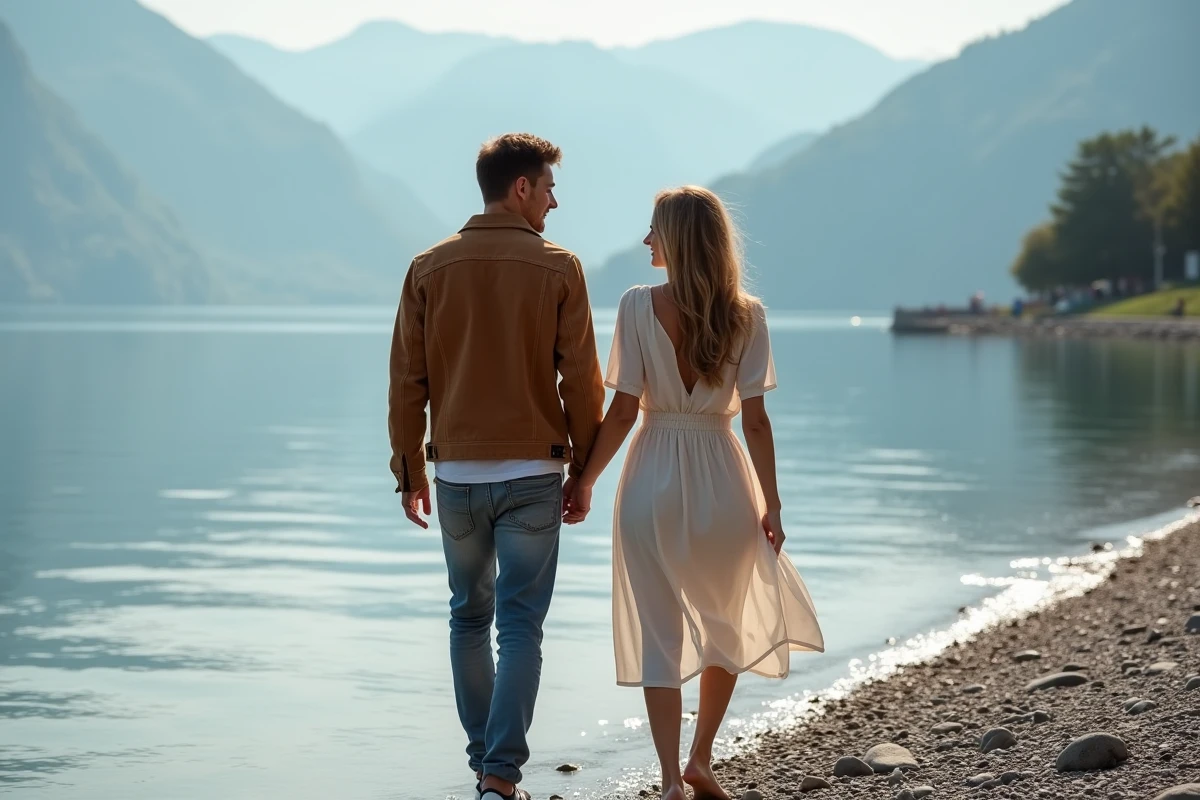 Jeune couple se promenant au bord du lac Iseo