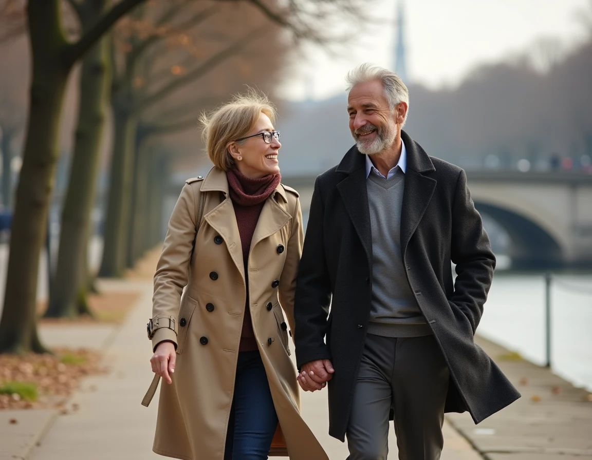 Couple se promenant main dans la main sur les quais de la Seine à Paris