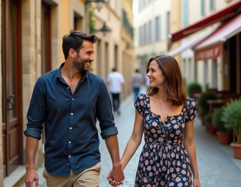 Couple complice se promenant main dans la main dans une rue pavée d'une ville française pittoresque