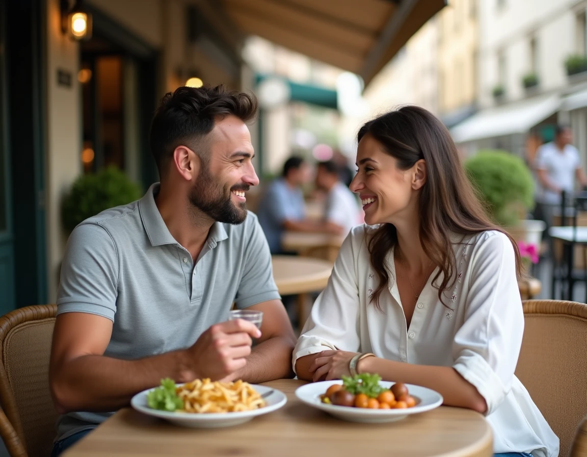 Couple partageant un repas sur une terrasse de brasserie française avec une atmosphère chaleureuse et complice