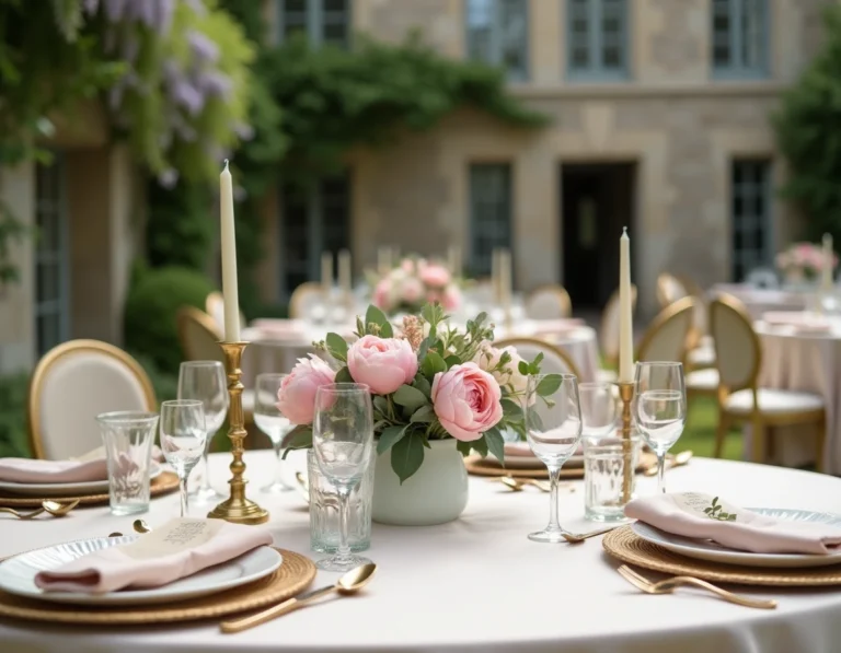 Décoration de table de mariage champêtre avec pivoines roses, bougies dorées et linge ivoire dans un jardin de manoir français