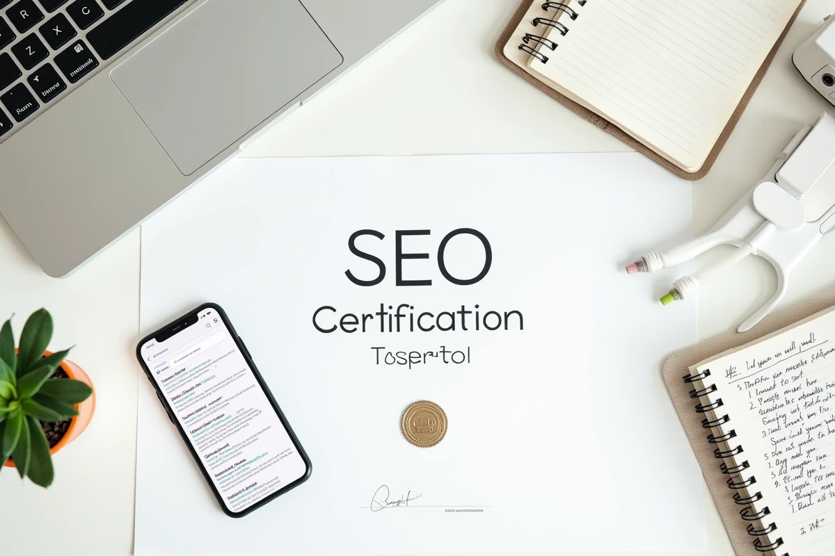 Diplôme de certification SEO posé sur un bureau avec des notes de formation et un smartphone affichant des résultats de recherche