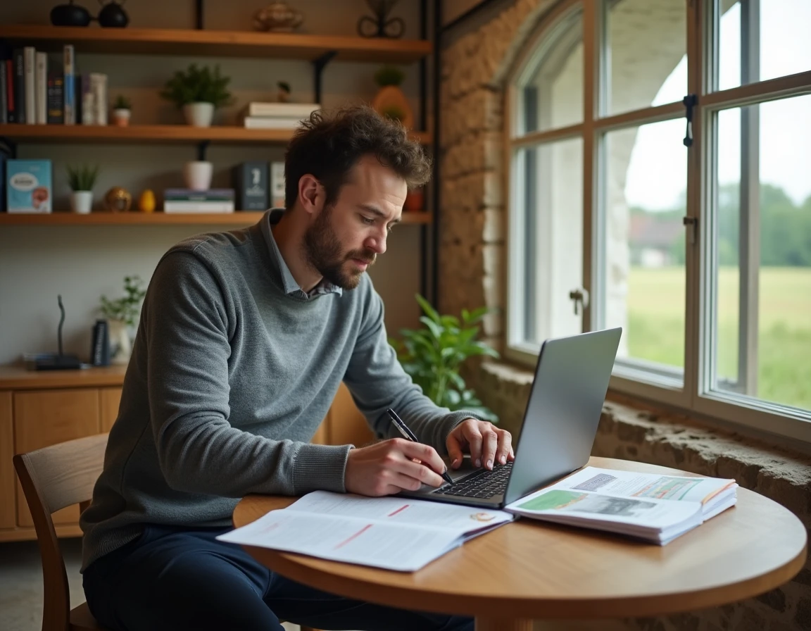 Entrepreneur normand travaillant dans un espace de coworking rural avec des ressources locales pour développer sa visibilité