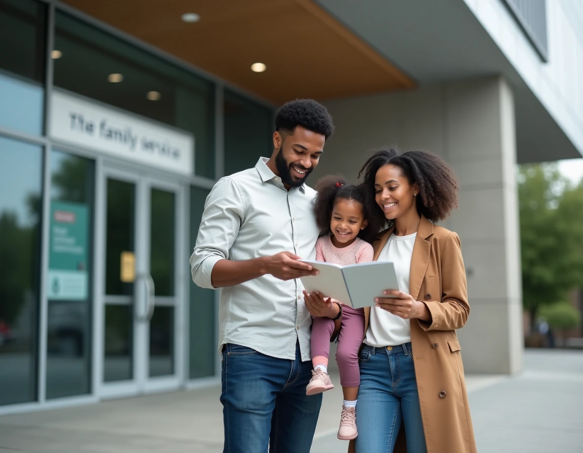 Famille avec jeune enfant devant un bureau CAF consultant une brochure sur les aides familiales