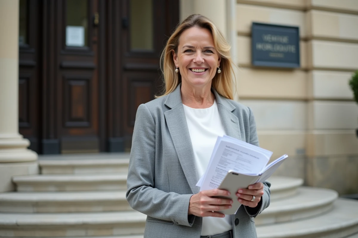 Femme debout avec documents et smartphone devant un bâtiment officiel