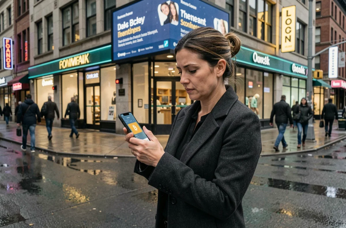 Femme tenant un smartphone affichant un portefeuille Bitcoin dans une rue animée de Montréal avec une enseigne bancaire en arrière-plan