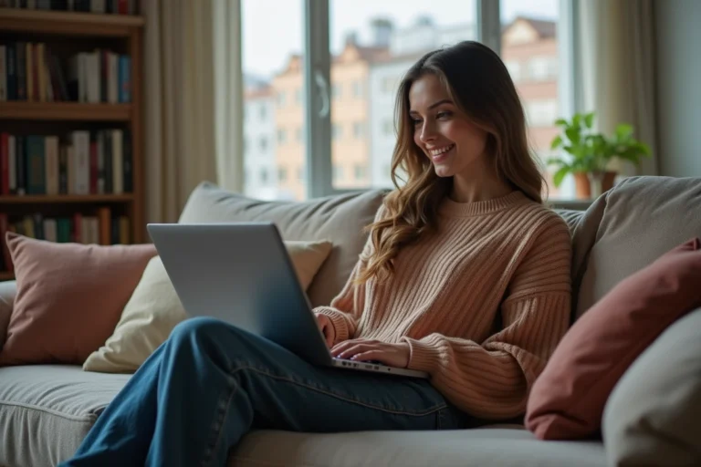 Jeune femme détendue avec ordinateur portable à la maison