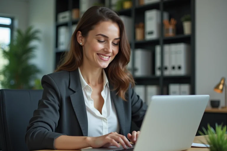 Femme souriante au bureau avec ordinateur portable