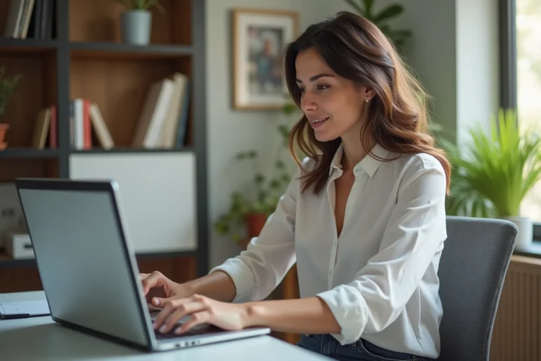 Femme au bureau naviguant sur un site de paie