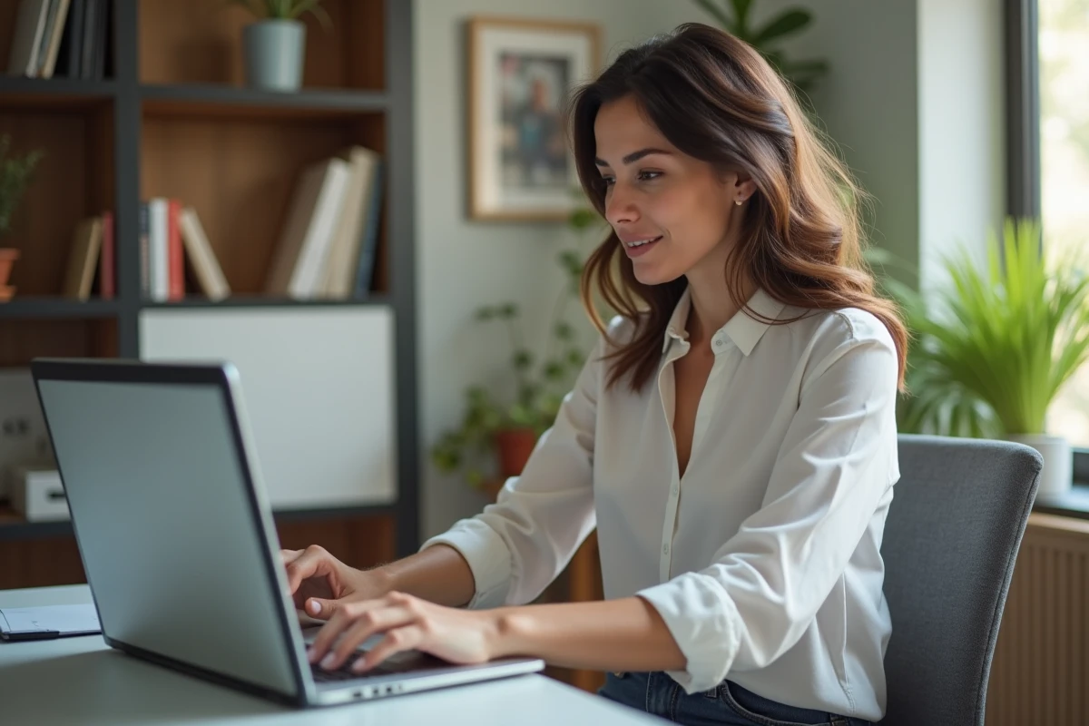 Femme au bureau naviguant sur un site de paie