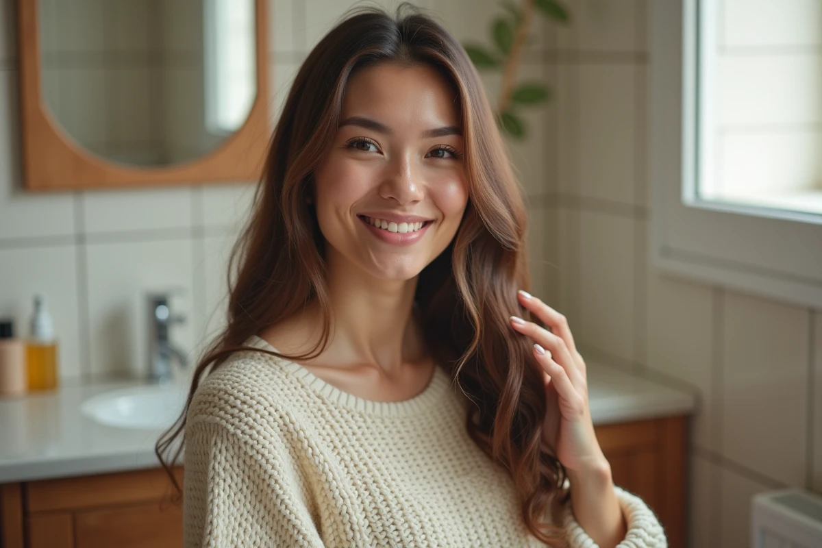 Femme regardant sa coiffure longue dans un miroir de salle de bain