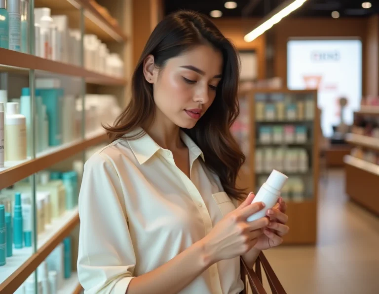 Femme comparant des produits cosmétiques dans une parfumerie moderne, rayons colorés en arrière-plan