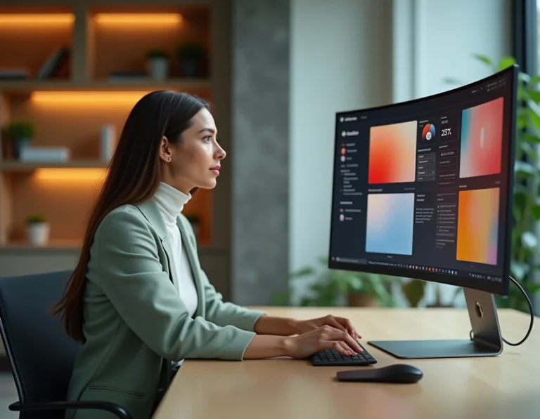 Femme créative travaillant sur des interfaces numériques dans un studio design moderne