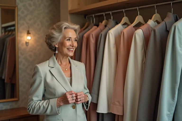 Femme élégante en blazer pastel dans un studio chic