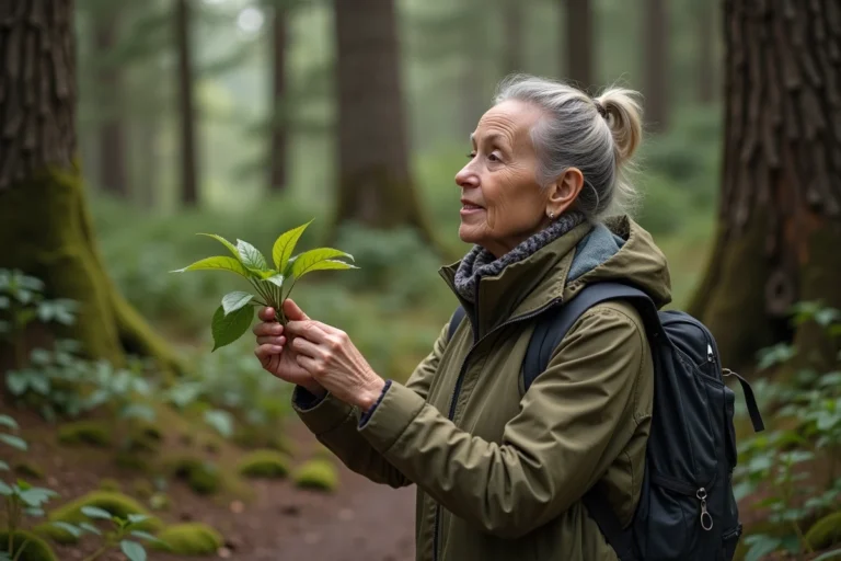 Femme curieuse examinant une branche dans la foret
