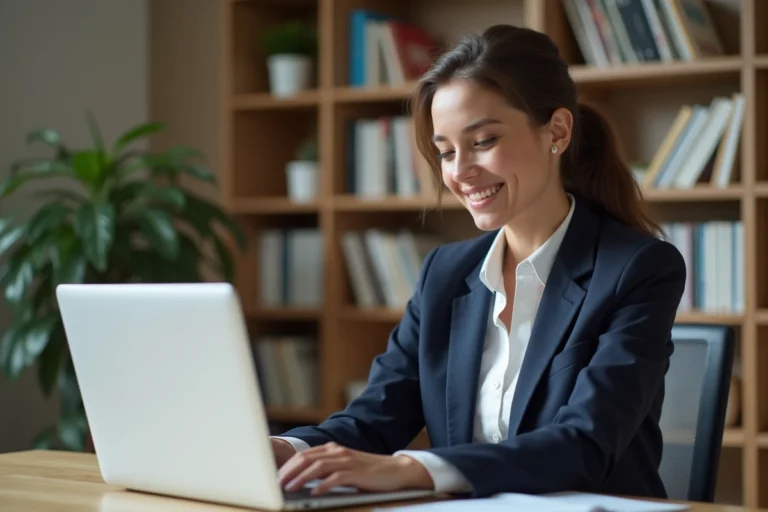 Jeune femme professionnelle étudiant une formation SEO certifiée sur son ordinateur portable dans un bureau moderne