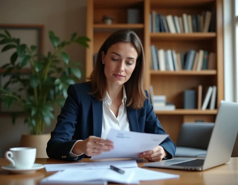 Femme consultant ses relevés bancaires sur ordinateur portable dans un bureau à domicile moderne pour optimiser ses finances personnelles