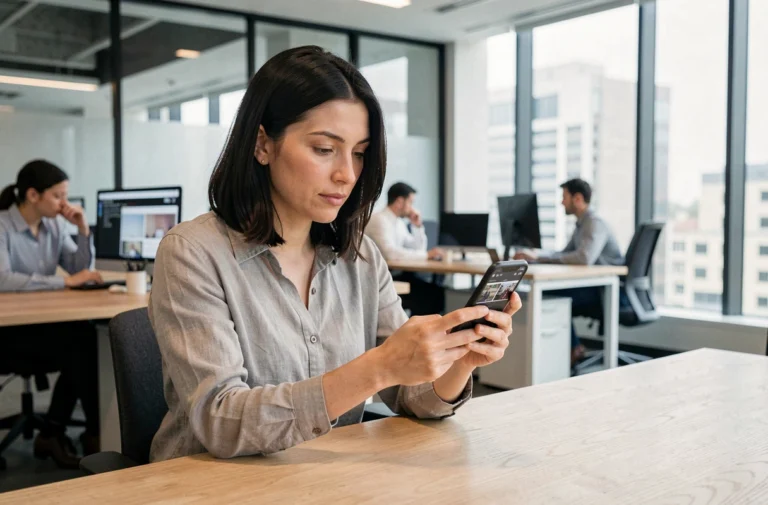 Femme consultant son smartphone pour s'informer via les médias numériques dans un bureau moderne