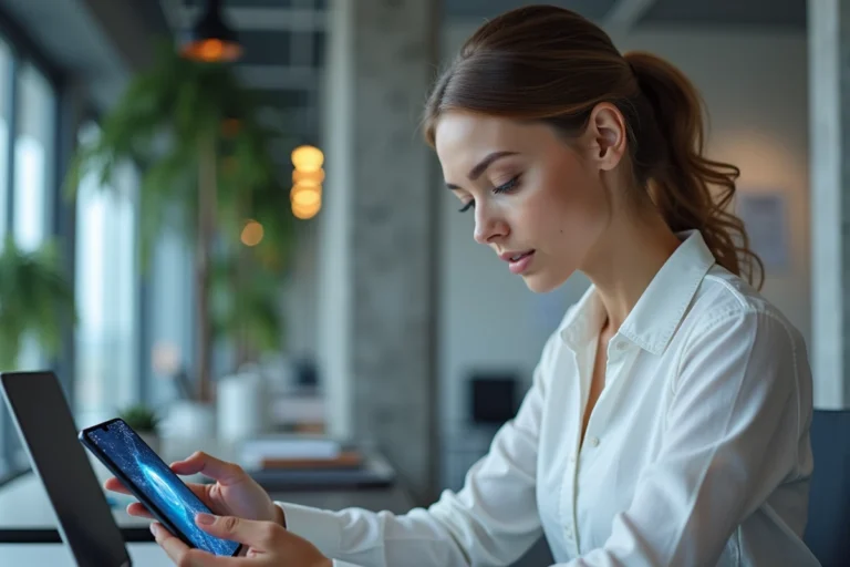 Femme découvrant les dernières innovations numériques sur un smartphone pliable dans un bureau moderne et minimaliste