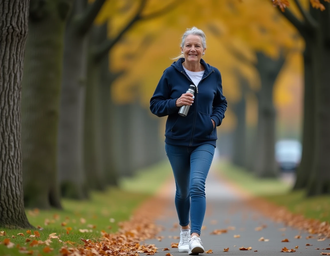 Femme d'âge mûr marchant dans un parc urbain en automne pour maintenir une bonne santé physique