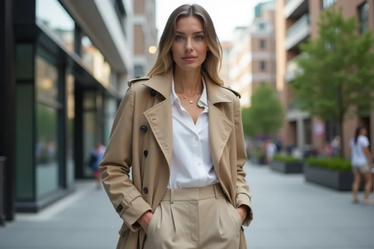 Femme élégante en trench beige dans la ville moderne