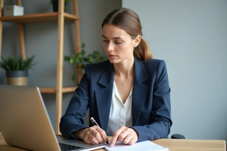 Femme professionnelle utilisant un ordinateur portable pour sa recherche d'emploi en ligne depuis un bureau à domicile moderne