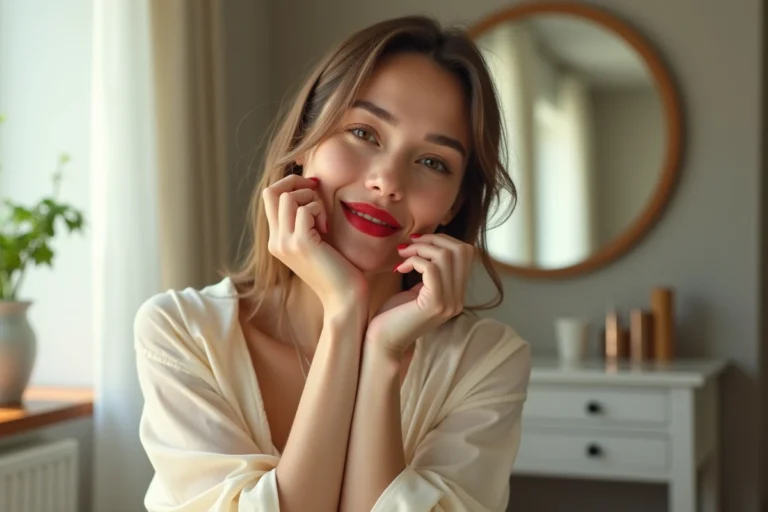 Femme appliquant rouge à lèvres velours rouge