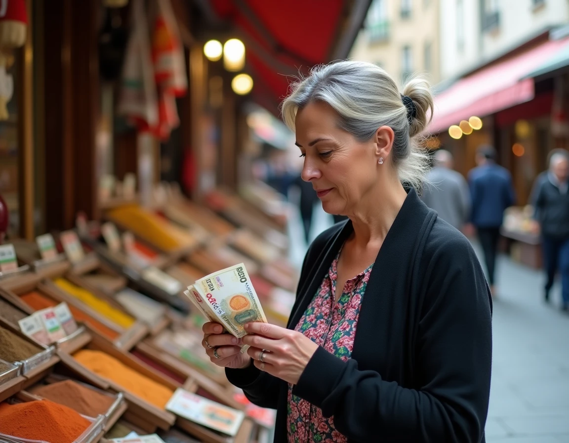 Femme turque comptant des lires turques dans un bazar d'Istanbul, représentant le pouvoir d'achat et le salaire moyen en Turquie