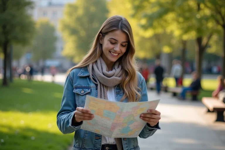 Jeune femme souriante dans un parc urbain avec carte