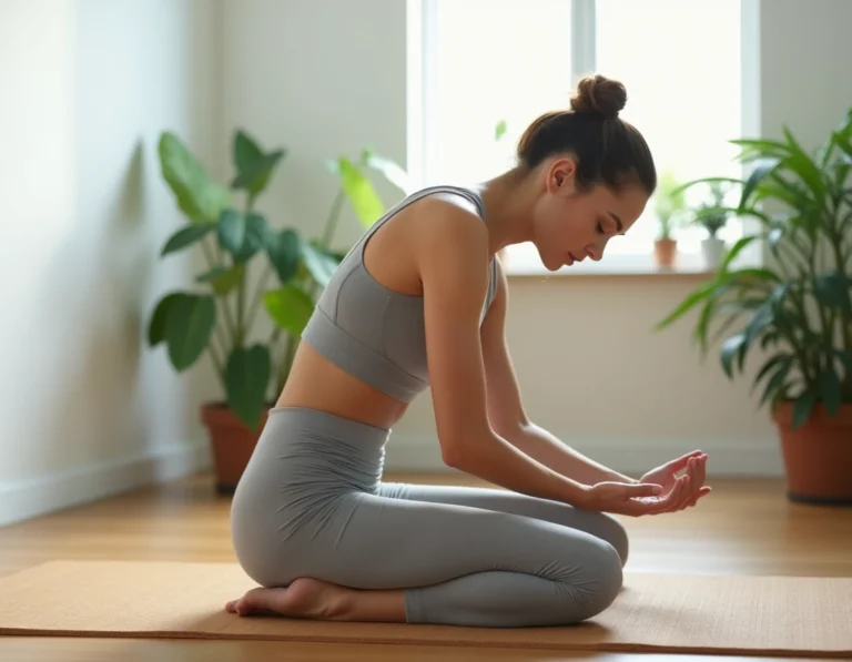 Femme pratiquant le yoga dans un appartement minimaliste pour prendre soin de sa santé au quotidien