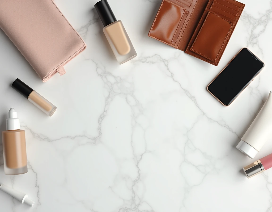 Flat-lay de produits cosmétiques, étiquettes de prix et portefeuille sur marbre, comparatif parfumerie